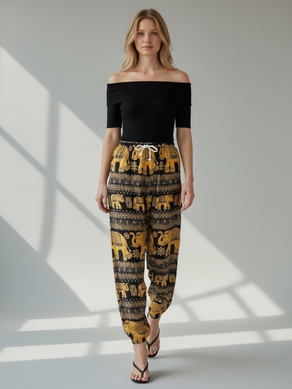 Black Gold Balloon Pants Flowy Draped Harem Joggers Elephant Print Size XS/S